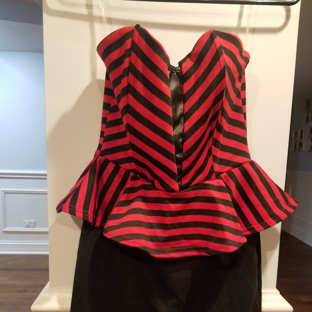 Strapless red and black peplum dress
